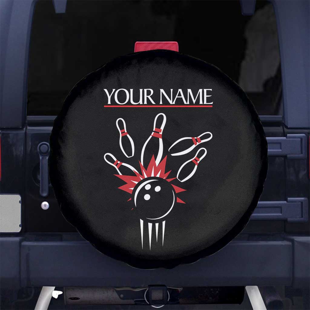 Custom Red and Black Bowling Spare Tire Cover with Strike Explosion Graphic Custom Name and Bowler Silhouette - Wonder Print Shop