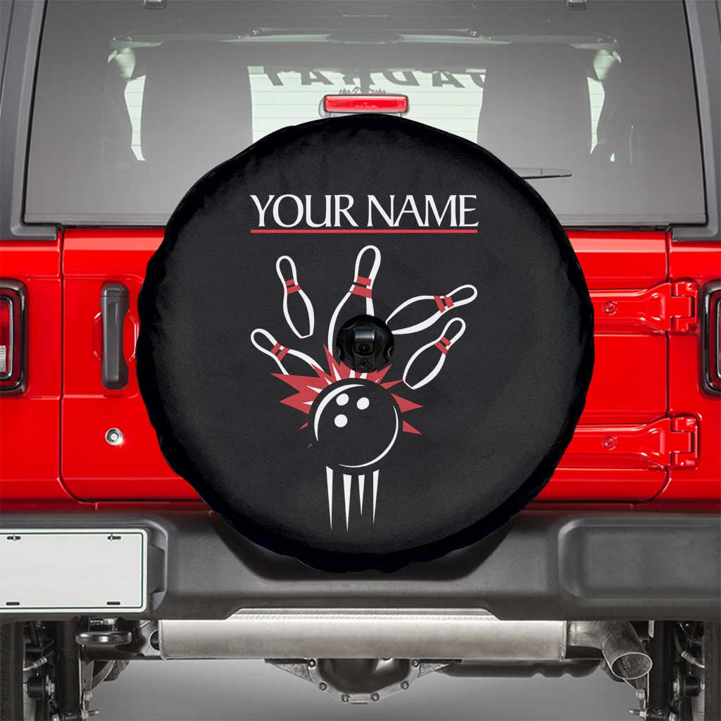 Custom Red and Black Bowling Spare Tire Cover with Strike Explosion Graphic Custom Name and Bowler Silhouette - Wonder Print Shop