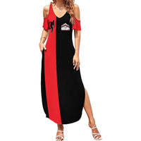 Custom Red and Black Bowling Summer Maxi Dress with Strike Explosion Graphic Custom Name and Bowler Silhouette - Wonder Print Shop
