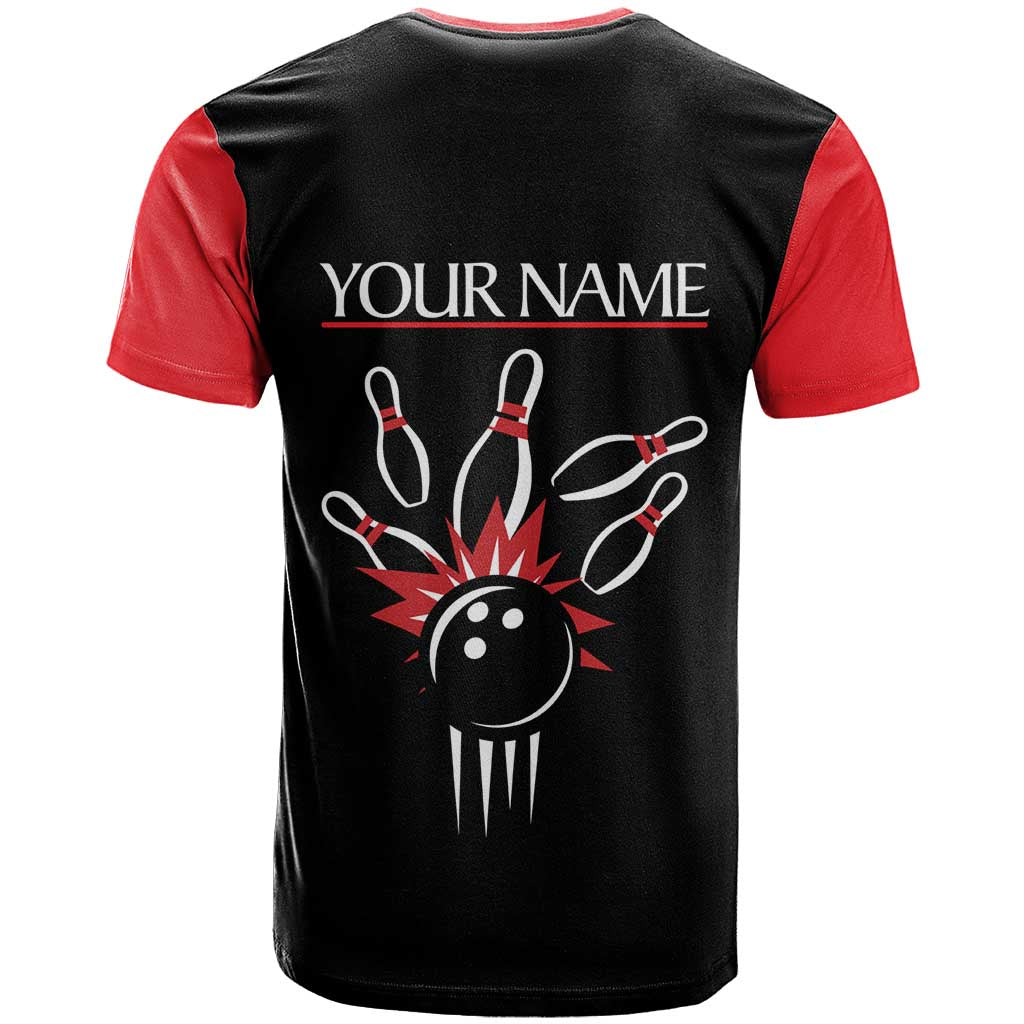 Custom Red and Black Bowling T Shirt with Strike Explosion Graphic Custom Name and Bowler Silhouette - Wonder Print Shop