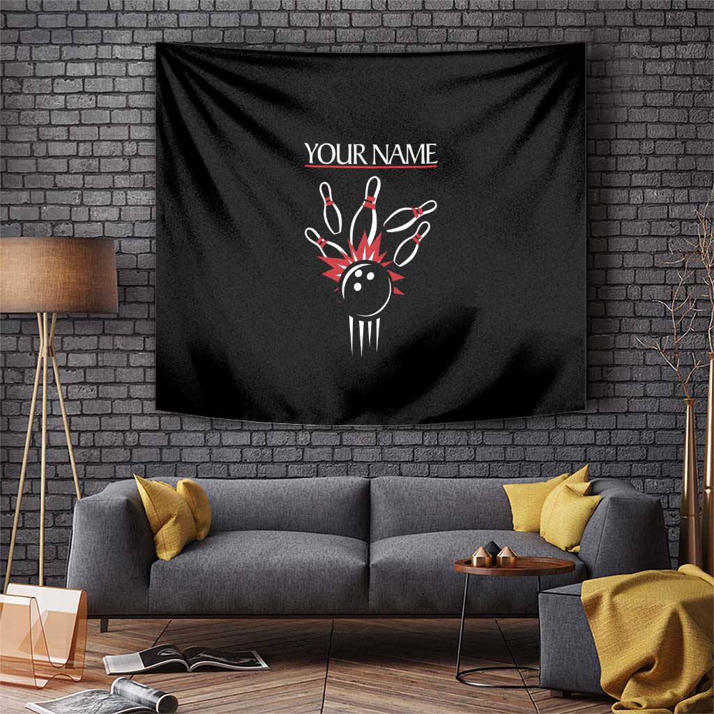 Custom Red and Black Bowling Tapestry with Strike Explosion Graphic Custom Name and Bowler Silhouette - Wonder Print Shop