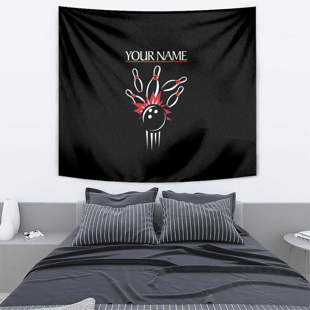 Custom Red and Black Bowling Tapestry with Strike Explosion Graphic Custom Name and Bowler Silhouette - Wonder Print Shop