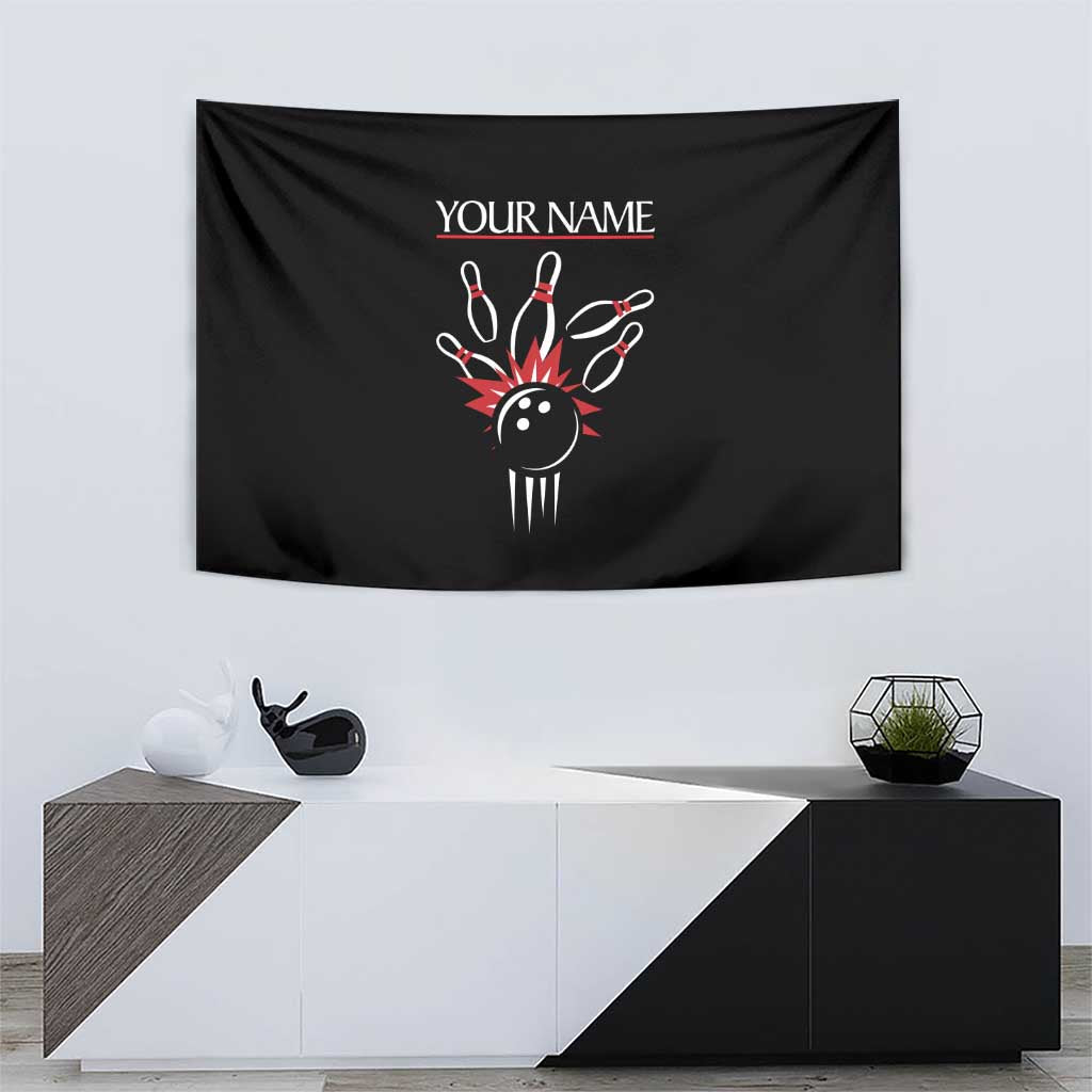 Custom Red and Black Bowling Tapestry with Strike Explosion Graphic Custom Name and Bowler Silhouette - Wonder Print Shop