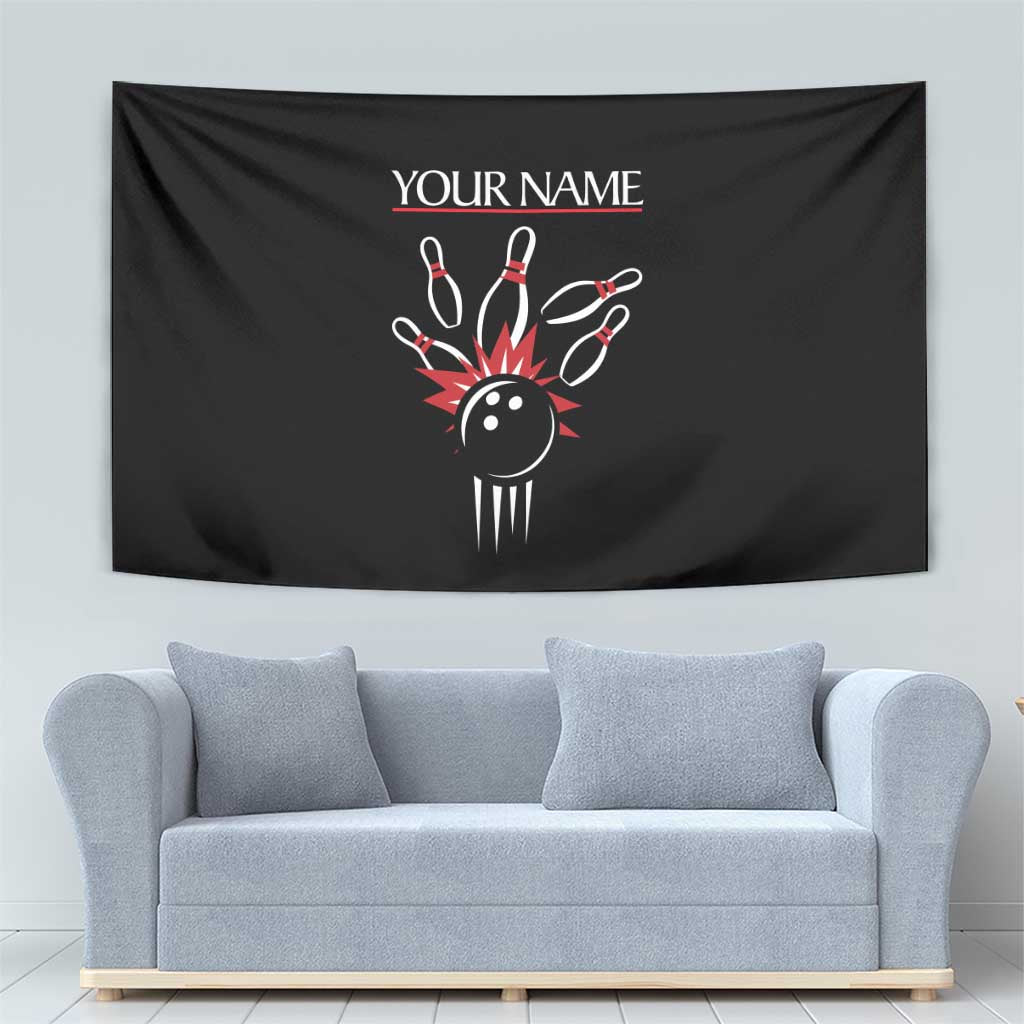 Custom Red and Black Bowling Tapestry with Strike Explosion Graphic Custom Name and Bowler Silhouette - Wonder Print Shop