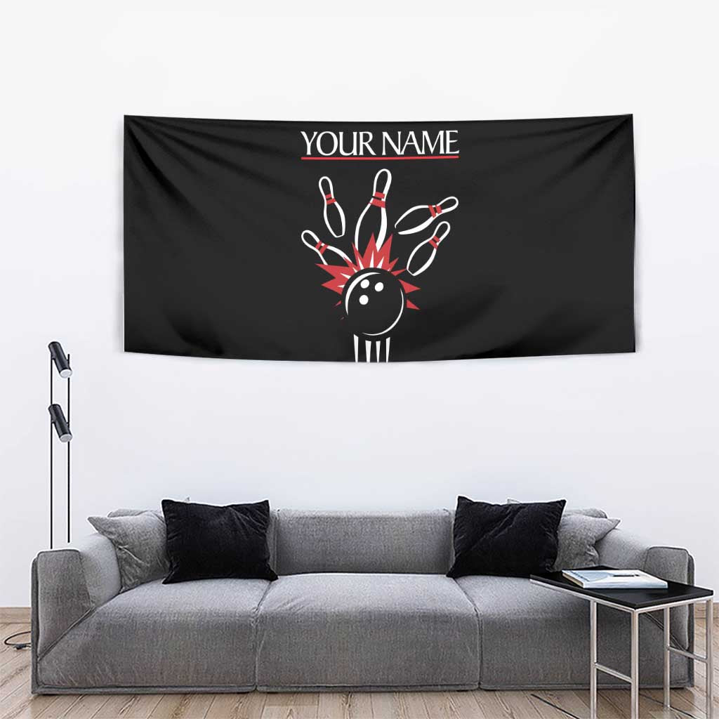 Custom Red and Black Bowling Tapestry with Strike Explosion Graphic Custom Name and Bowler Silhouette - Wonder Print Shop