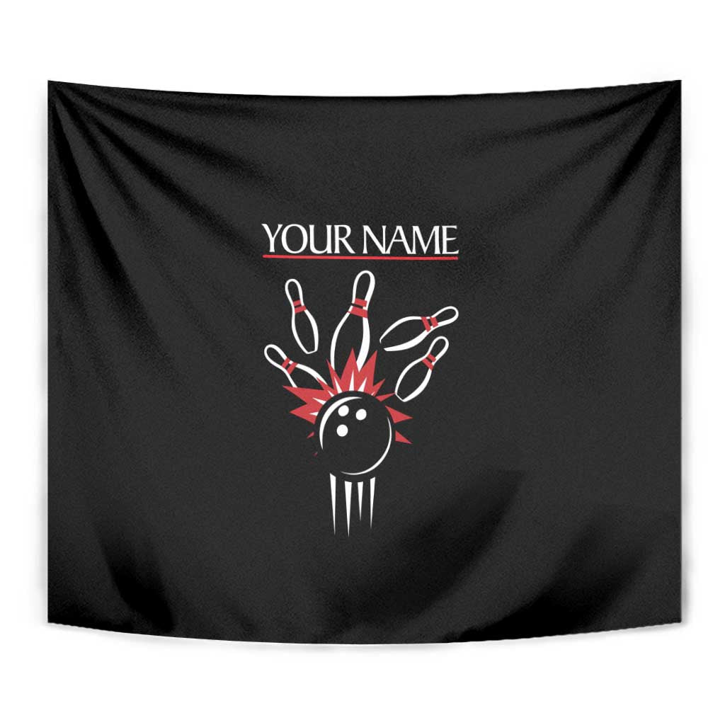 Custom Red and Black Bowling Tapestry with Strike Explosion Graphic Custom Name and Bowler Silhouette - Wonder Print Shop