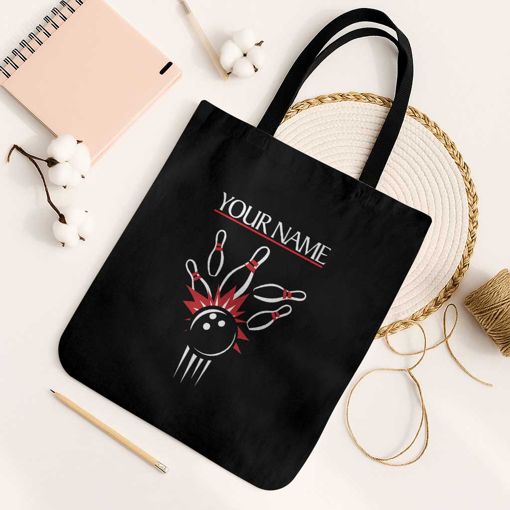 Custom Red and Black Bowling Tote Bag with Strike Explosion Graphic Custom Name and Bowler Silhouette - Wonder Print Shop