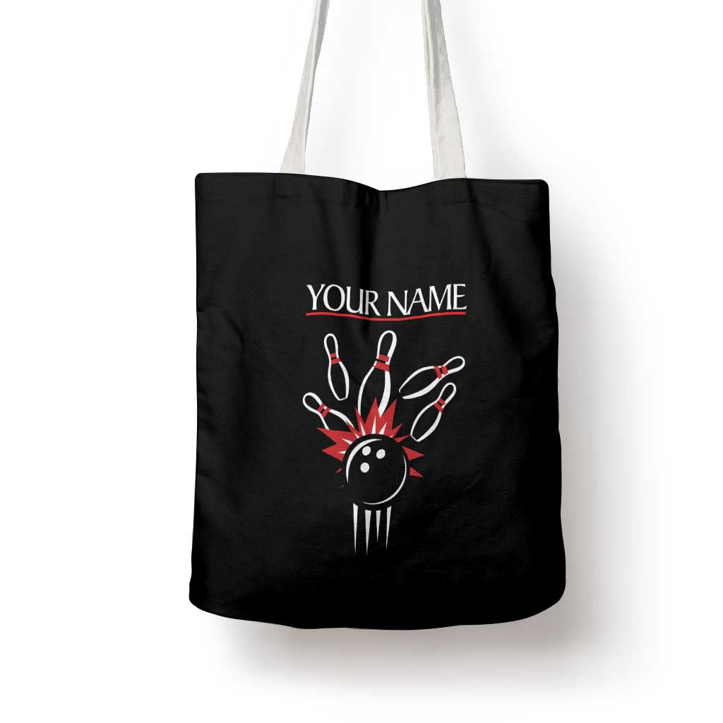 Custom Red and Black Bowling Tote Bag with Strike Explosion Graphic Custom Name and Bowler Silhouette - Wonder Print Shop
