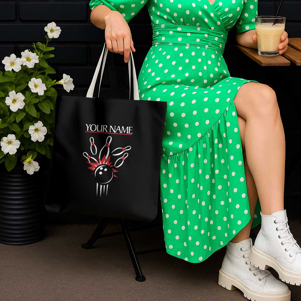 Custom Red and Black Bowling Tote Bag with Strike Explosion Graphic Custom Name and Bowler Silhouette - Wonder Print Shop