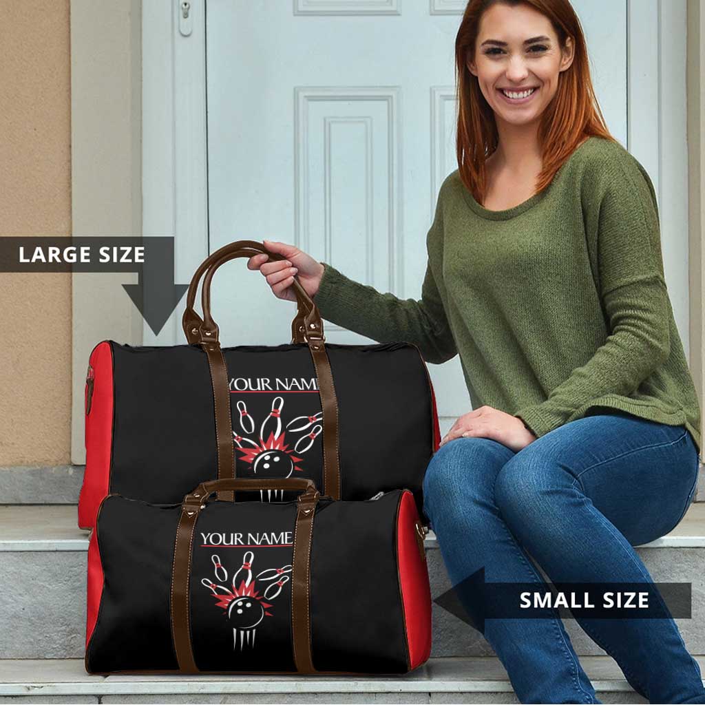 Custom Red and Black Bowling Travel Bag with Strike Explosion Graphic Custom Name and Bowler Silhouette - Wonder Print Shop