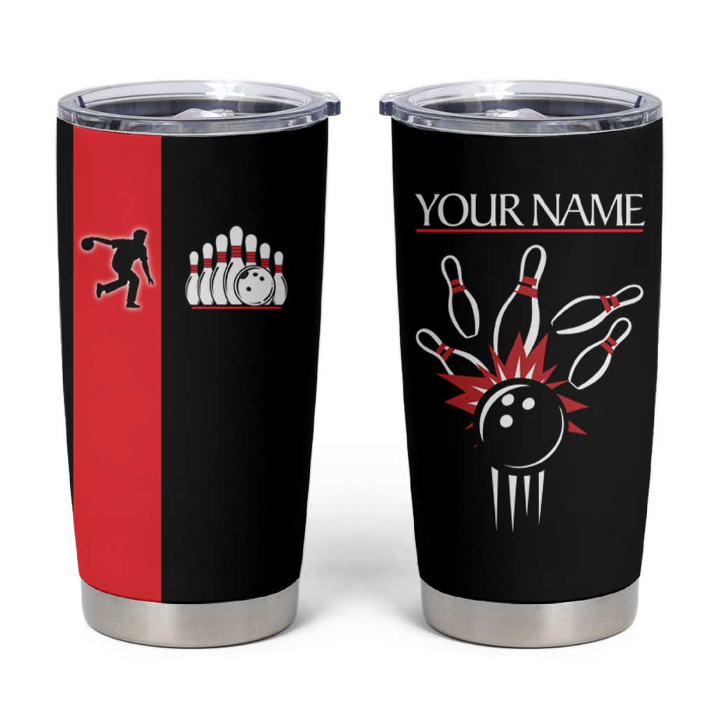 Custom Red and Black Bowling Tumbler Cup with Strike Explosion Graphic Custom Name and Bowler Silhouette - Wonder Print Shop