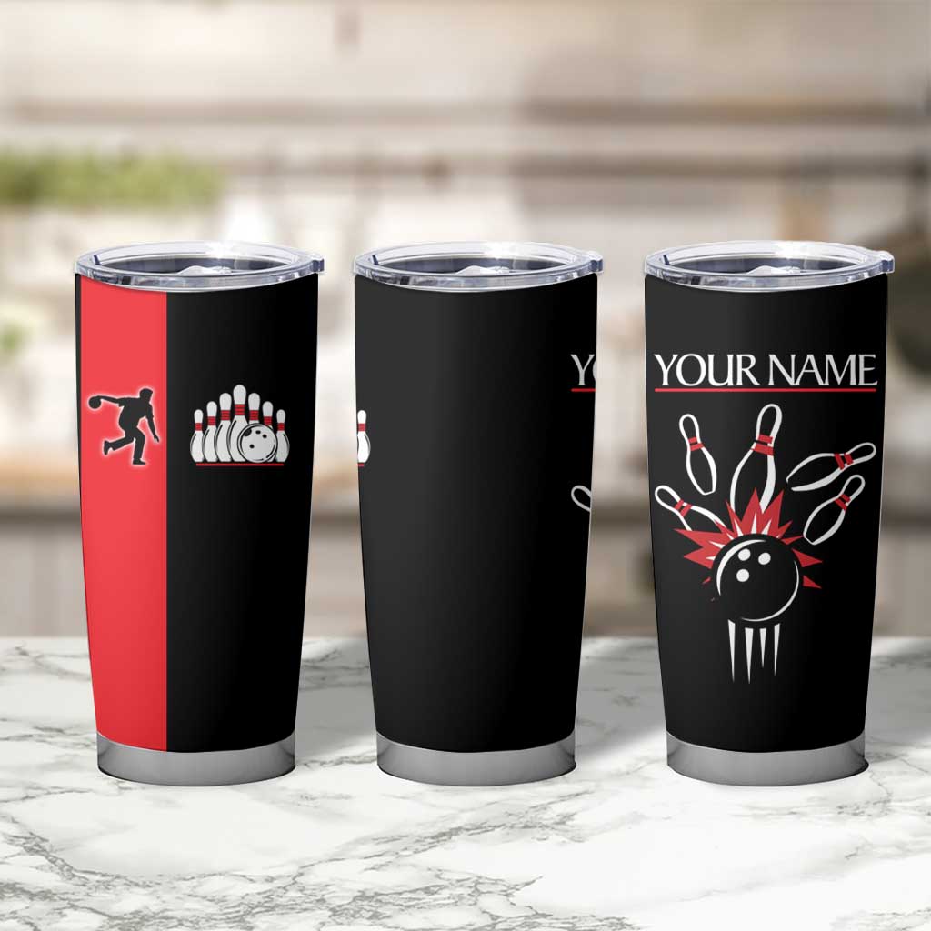 Custom Red and Black Bowling Tumbler Cup with Strike Explosion Graphic Custom Name and Bowler Silhouette - Wonder Print Shop