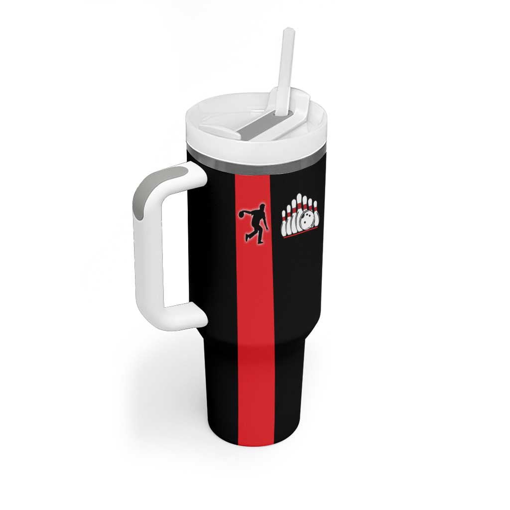 Custom Red and Black Bowling Tumbler With Handle with Strike Explosion Graphic Custom Name and Bowler Silhouette - Wonder Print Shop