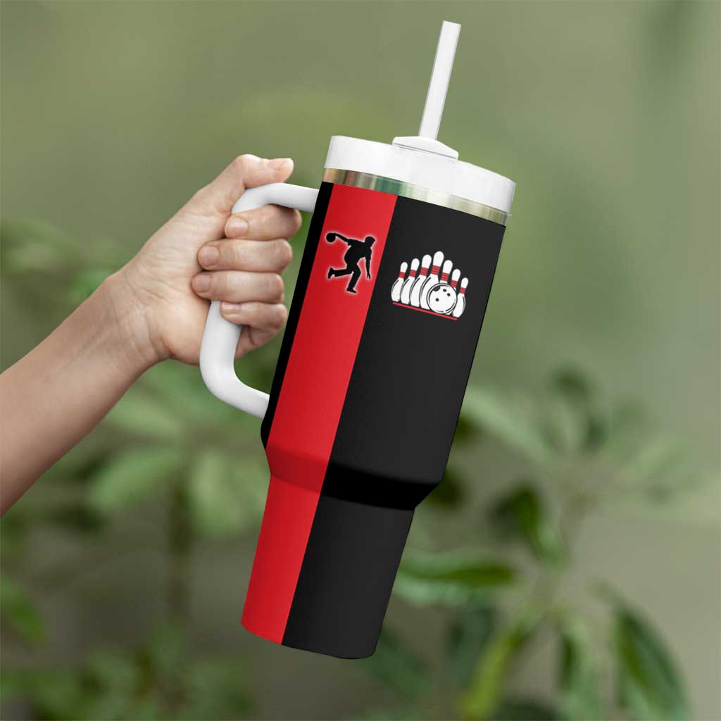 Custom Red and Black Bowling Tumbler With Handle with Strike Explosion Graphic Custom Name and Bowler Silhouette - Wonder Print Shop