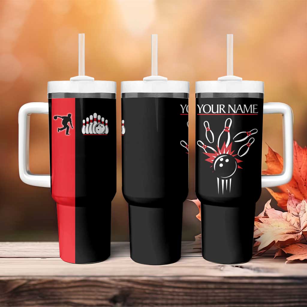 Custom Red and Black Bowling Tumbler With Handle with Strike Explosion Graphic Custom Name and Bowler Silhouette - Wonder Print Shop