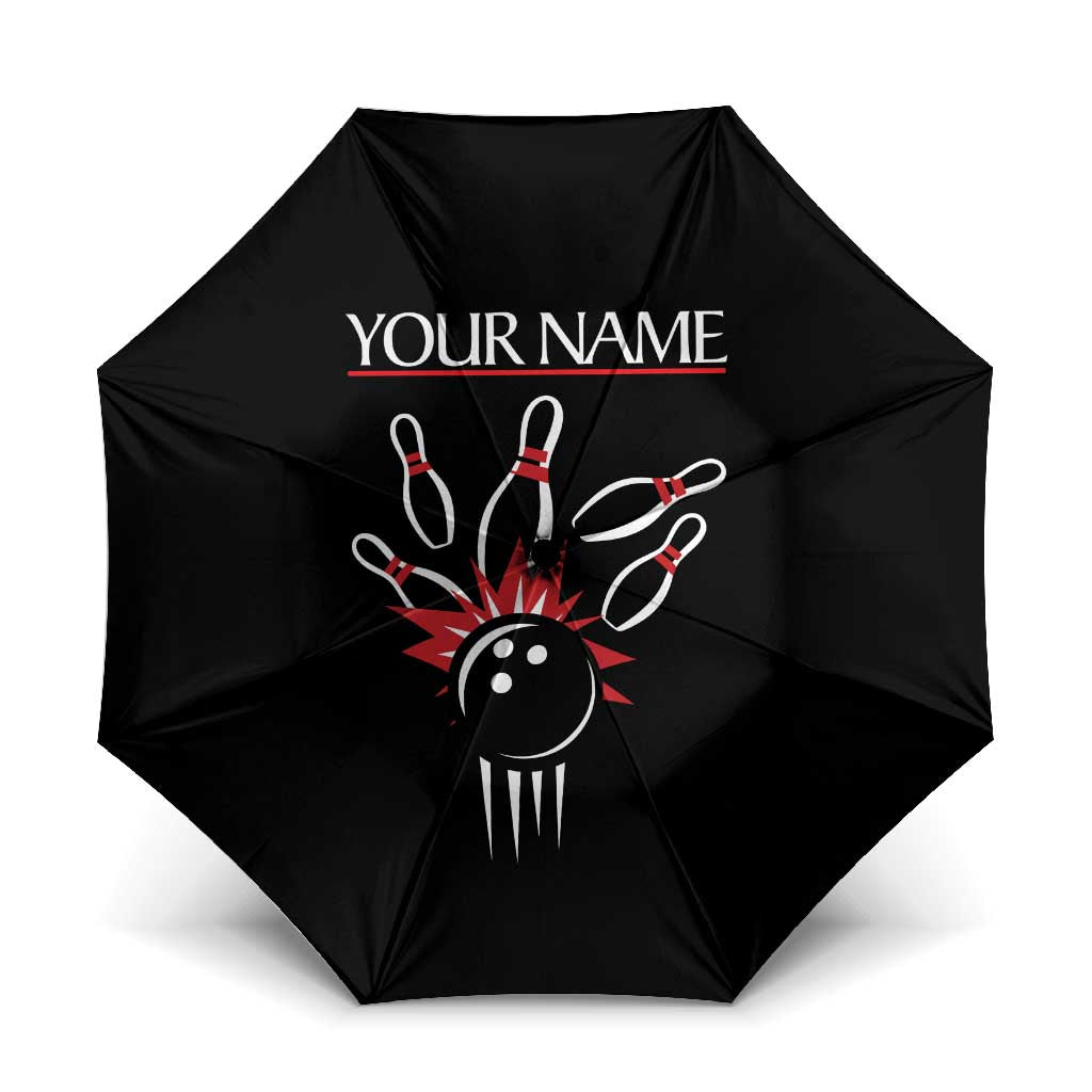 Custom Red and Black Bowling Umbrella with Strike Explosion Graphic Custom Name and Bowler Silhouette - Wonder Print Shop
