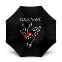 Custom Red and Black Bowling Umbrella with Strike Explosion Graphic Custom Name and Bowler Silhouette - Wonder Print Shop