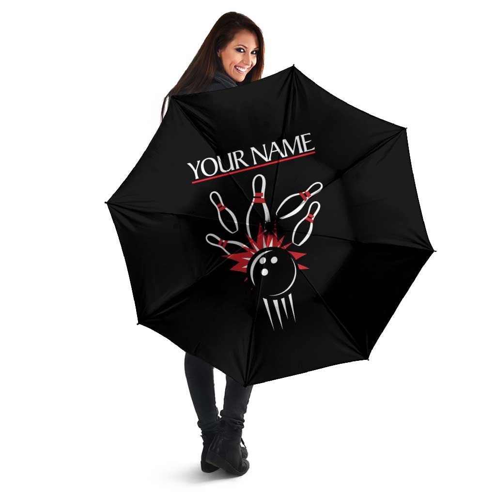 Custom Red and Black Bowling Umbrella with Strike Explosion Graphic Custom Name and Bowler Silhouette - Wonder Print Shop