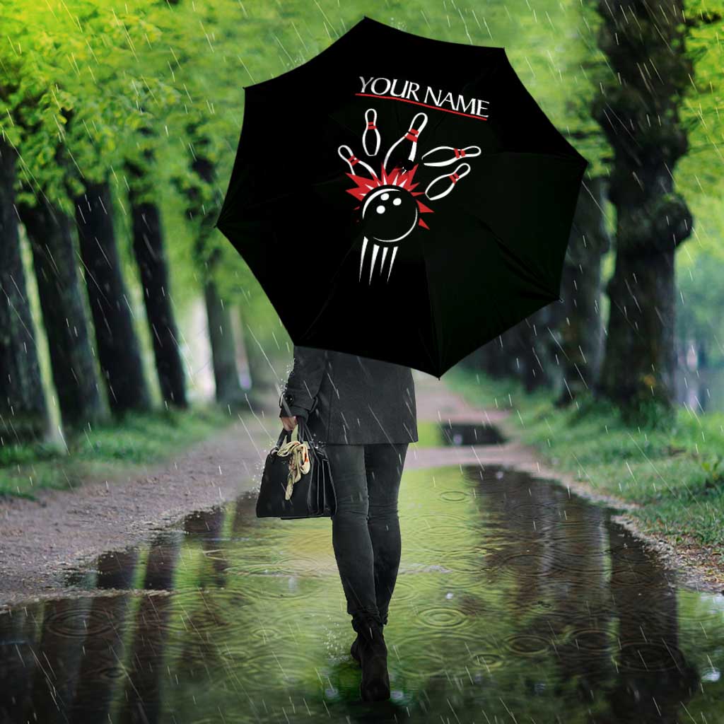 Custom Red and Black Bowling Umbrella with Strike Explosion Graphic Custom Name and Bowler Silhouette - Wonder Print Shop