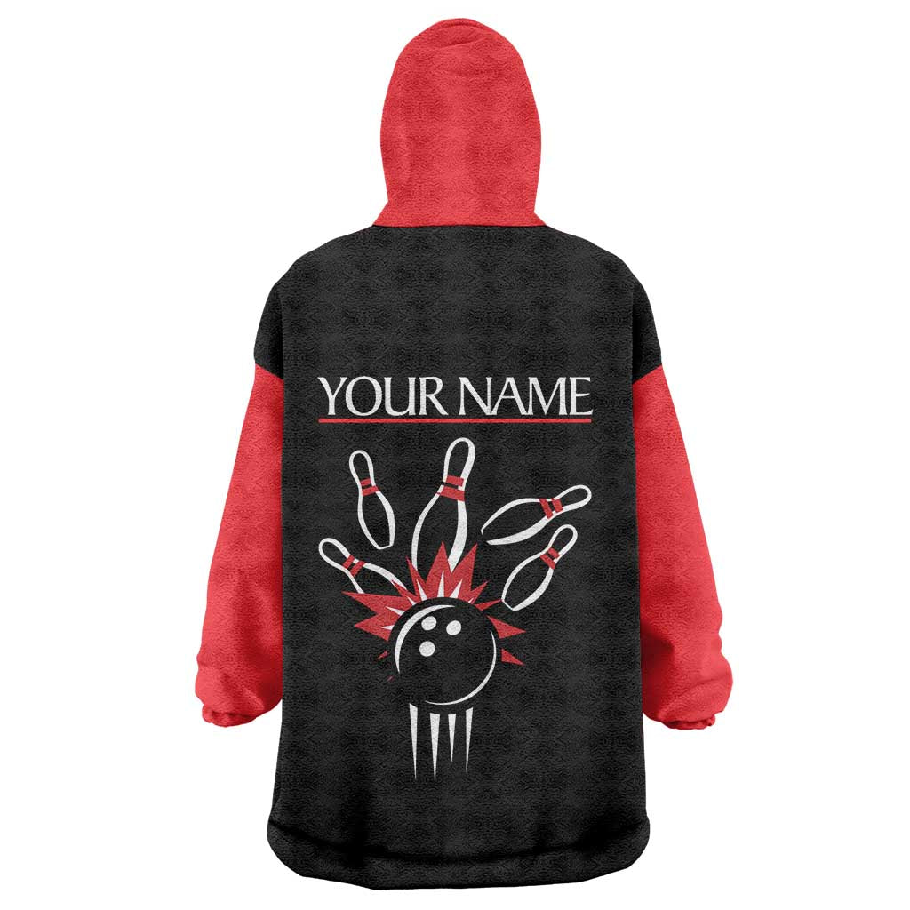 Custom Red and Black Bowling Wearable Blanket Hoodie with Strike Explosion Graphic Custom Name and Bowler Silhouette - Wonder Print Shop