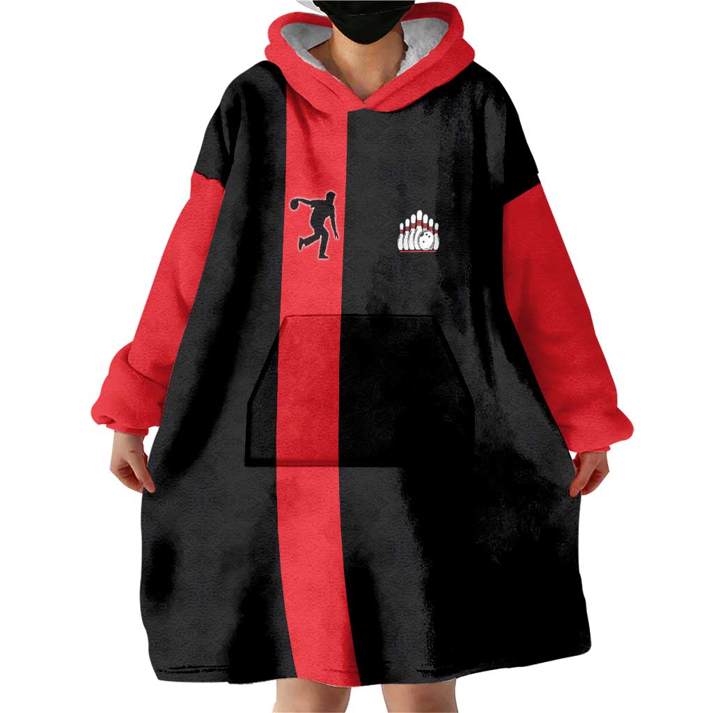 Custom Red and Black Bowling Wearable Blanket Hoodie with Strike Explosion Graphic Custom Name and Bowler Silhouette - Wonder Print Shop