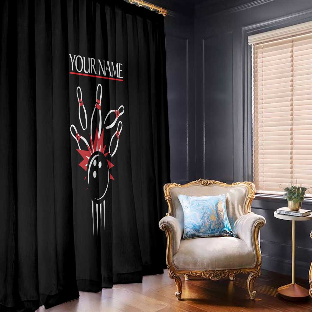 Custom Red and Black Bowling Window Curtain with Strike Explosion Graphic Custom Name and Bowler Silhouette - Wonder Print Shop