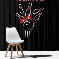Custom Red and Black Bowling Window Curtain with Strike Explosion Graphic Custom Name and Bowler Silhouette - Wonder Print Shop