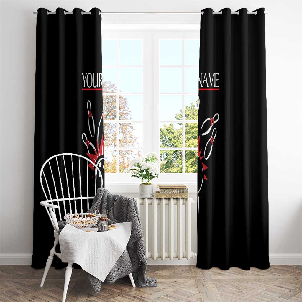 Custom Red and Black Bowling Window Curtain with Strike Explosion Graphic Custom Name and Bowler Silhouette - Wonder Print Shop