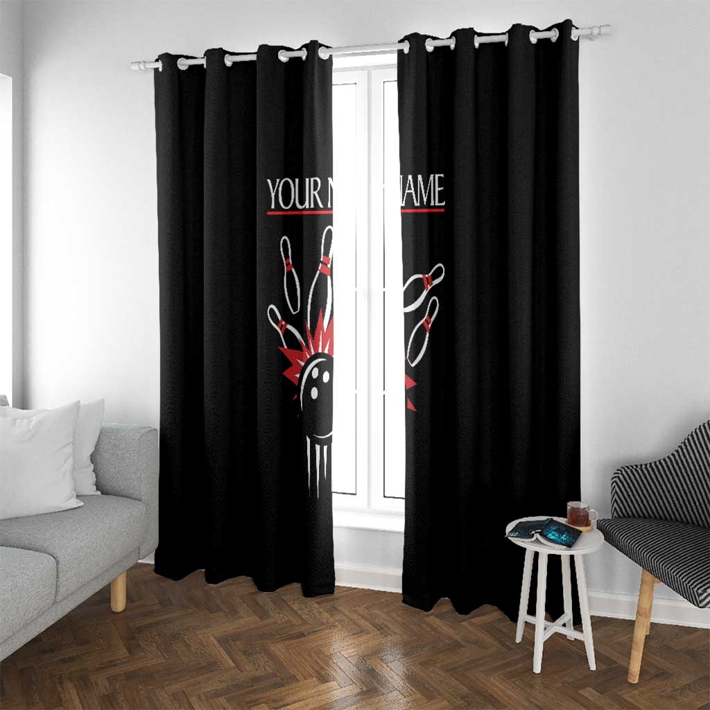 Custom Red and Black Bowling Window Curtain with Strike Explosion Graphic Custom Name and Bowler Silhouette - Wonder Print Shop