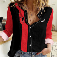 Custom Red and Black Bowling Women Casual Shirt with Strike Explosion Graphic Custom Name and Bowler Silhouette - Wonder Print Shop