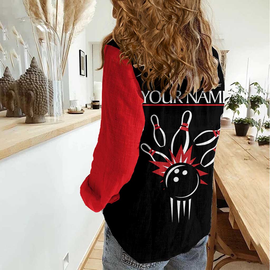 Custom Red and Black Bowling Women Casual Shirt with Strike Explosion Graphic Custom Name and Bowler Silhouette - Wonder Print Shop