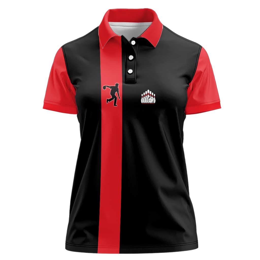 Custom Red and Black Bowling Women Polo Shirt with Strike Explosion Graphic Custom Name and Bowler Silhouette - Wonder Print Shop