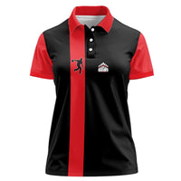 Custom Red and Black Bowling Women Polo Shirt with Strike Explosion Graphic Custom Name and Bowler Silhouette - Wonder Print Shop