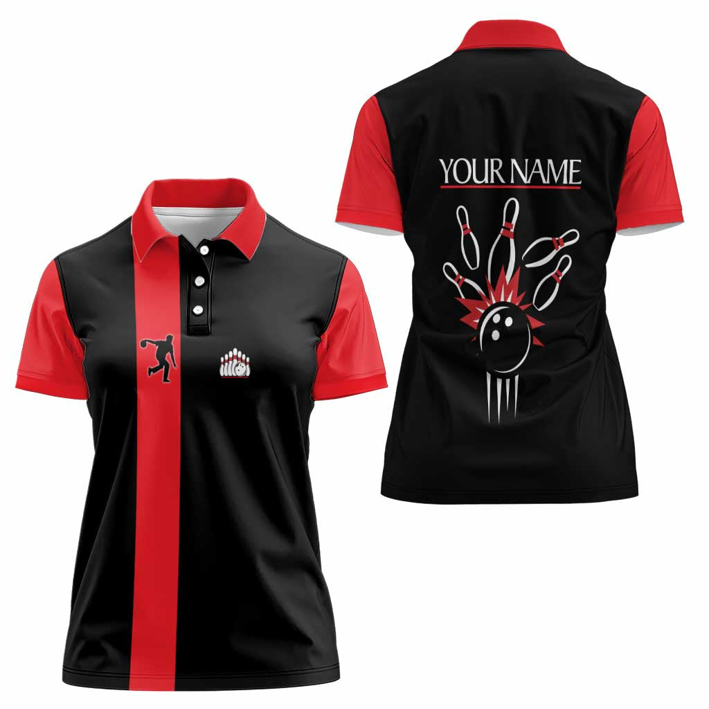 Custom Red and Black Bowling Women Polo Shirt with Strike Explosion Graphic Custom Name and Bowler Silhouette - Wonder Print Shop