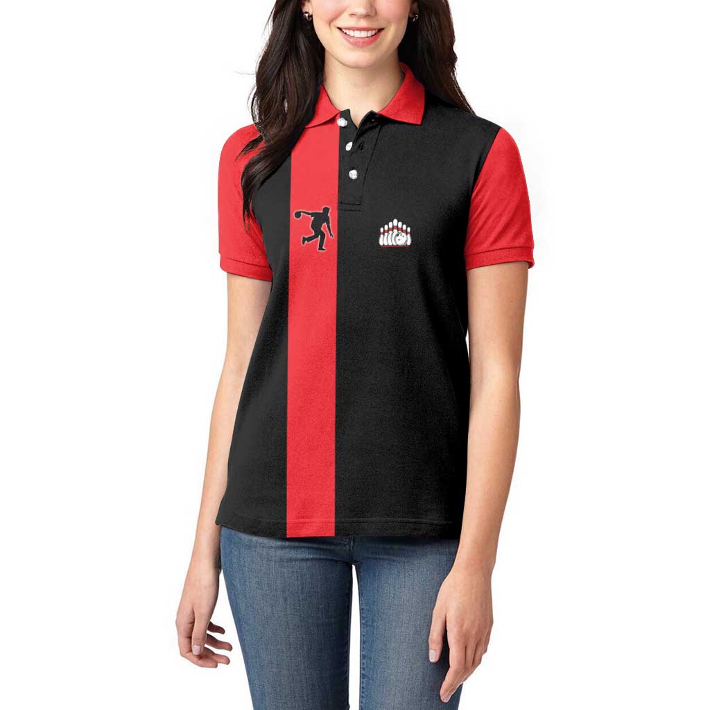 Custom Red and Black Bowling Women Polo Shirt with Strike Explosion Graphic Custom Name and Bowler Silhouette - Wonder Print Shop