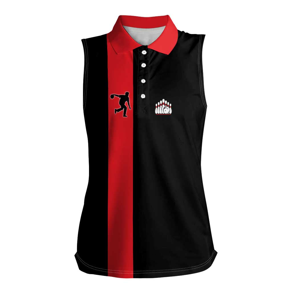Custom Red and Black Bowling Women Sleeveless Polo Shirt with Strike Explosion Graphic Custom Name and Bowler Silhouette - Wonder Print Shop