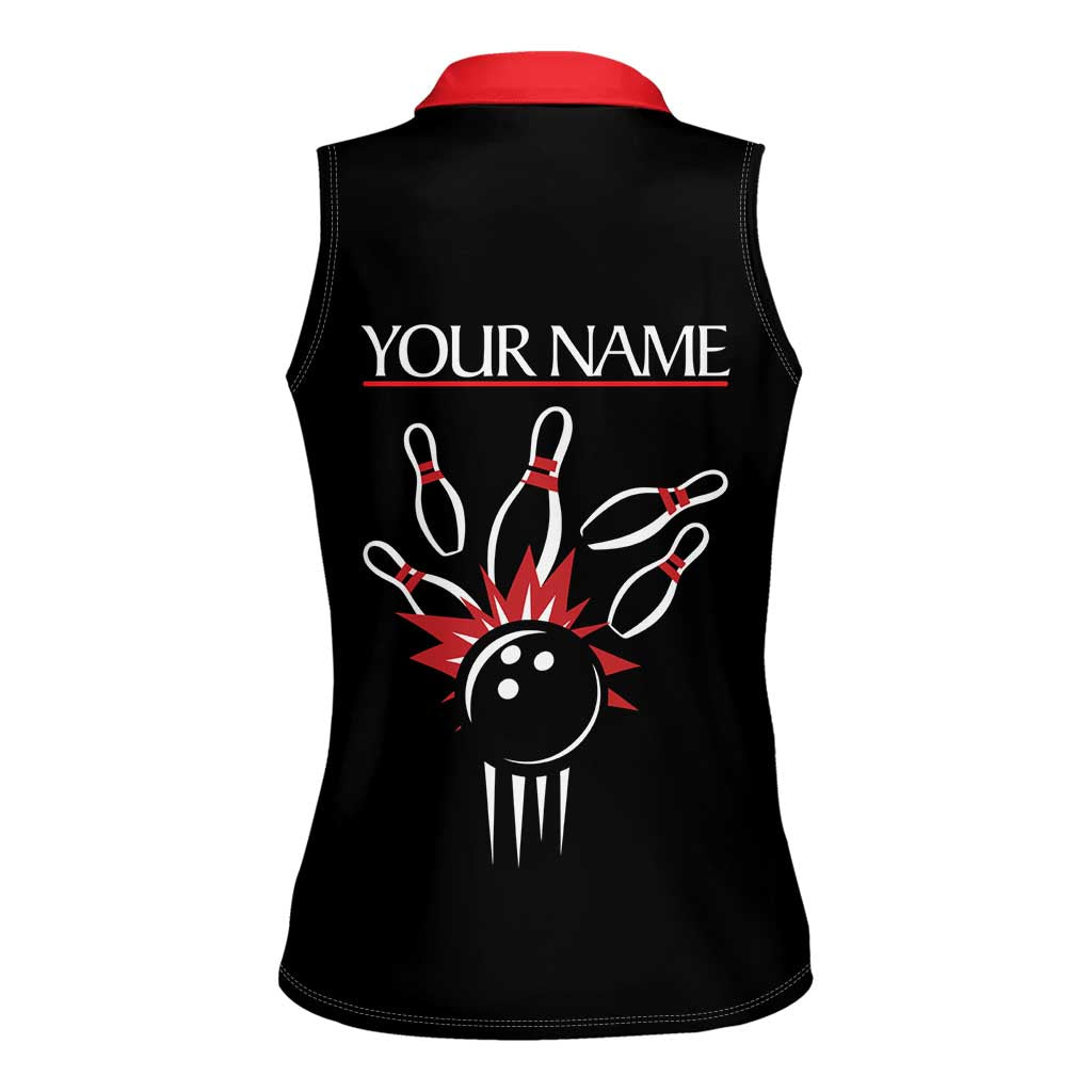Custom Red and Black Bowling Women Sleeveless Polo Shirt with Strike Explosion Graphic Custom Name and Bowler Silhouette - Wonder Print Shop