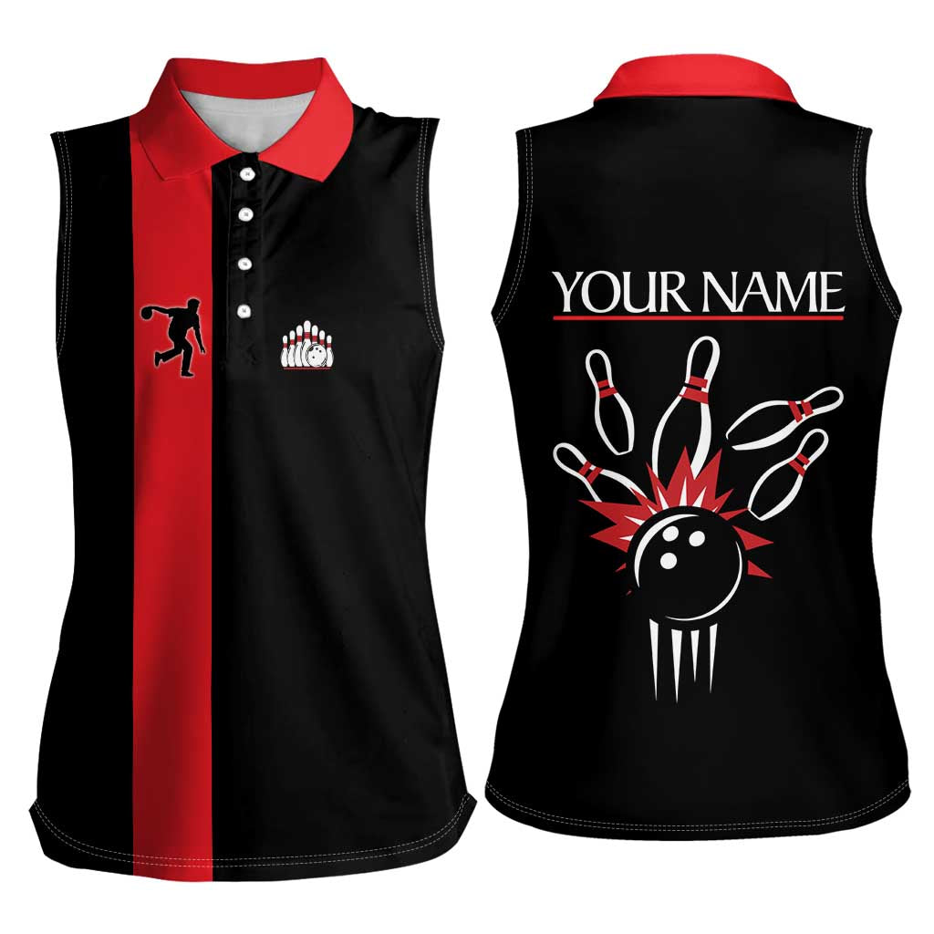 Custom Red and Black Bowling Women Sleeveless Polo Shirt with Strike Explosion Graphic Custom Name and Bowler Silhouette - Wonder Print Shop