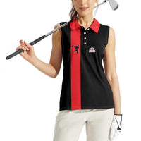 Custom Red and Black Bowling Women Sleeveless Polo Shirt with Strike Explosion Graphic Custom Name and Bowler Silhouette - Wonder Print Shop