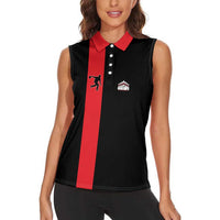 Custom Red and Black Bowling Women Sleeveless Polo Shirt with Strike Explosion Graphic Custom Name and Bowler Silhouette - Wonder Print Shop