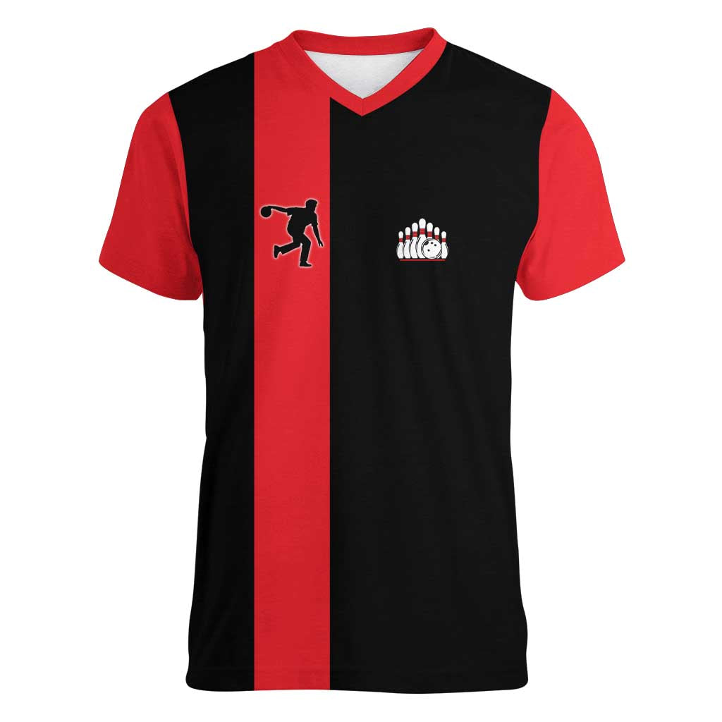 Custom Red and Black Bowling Women V-Neck T-Shirt with Strike Explosion Graphic Custom Name and Bowler Silhouette - Wonder Print Shop