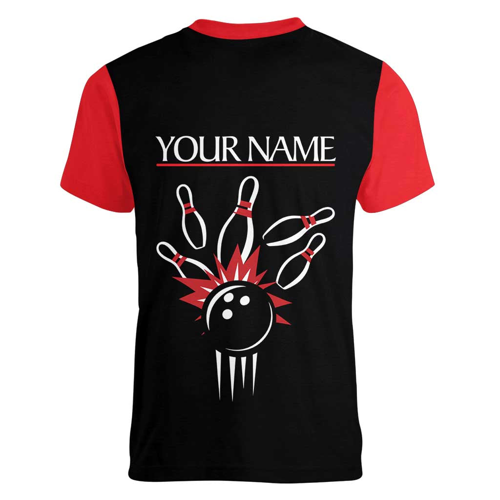 Custom Red and Black Bowling Women V-Neck T-Shirt with Strike Explosion Graphic Custom Name and Bowler Silhouette - Wonder Print Shop