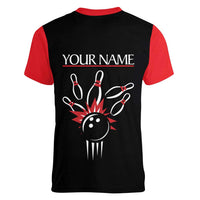 Custom Red and Black Bowling Women V-Neck T-Shirt with Strike Explosion Graphic Custom Name and Bowler Silhouette - Wonder Print Shop