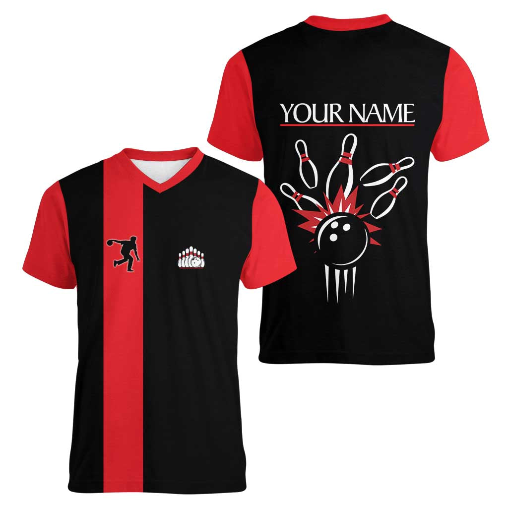 Custom Red and Black Bowling Women V-Neck T-Shirt with Strike Explosion Graphic Custom Name and Bowler Silhouette - Wonder Print Shop