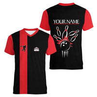 Custom Red and Black Bowling Women V-Neck T-Shirt with Strike Explosion Graphic Custom Name and Bowler Silhouette - Wonder Print Shop