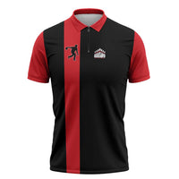 Custom Red and Black Bowling Zipper Polo Shirt with Strike Explosion Graphic Custom Name and Bowler Silhouette - Wonder Print Shop
