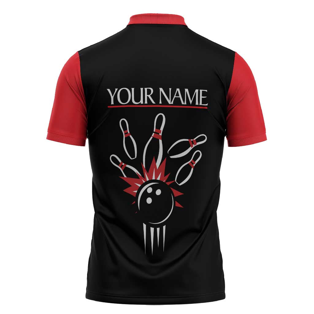 Custom Red and Black Bowling Zipper Polo Shirt with Strike Explosion Graphic Custom Name and Bowler Silhouette - Wonder Print Shop