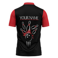 Custom Red and Black Bowling Zipper Polo Shirt with Strike Explosion Graphic Custom Name and Bowler Silhouette - Wonder Print Shop