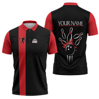Custom Red and Black Bowling Zipper Polo Shirt with Strike Explosion Graphic Custom Name and Bowler Silhouette - Wonder Print Shop
