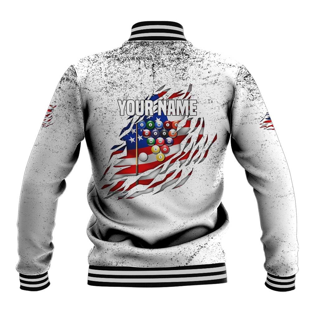Custom American Flag Billiards Baseball Jacket with Ripped Design Pool Ball Graphic - Wonder Print Shop